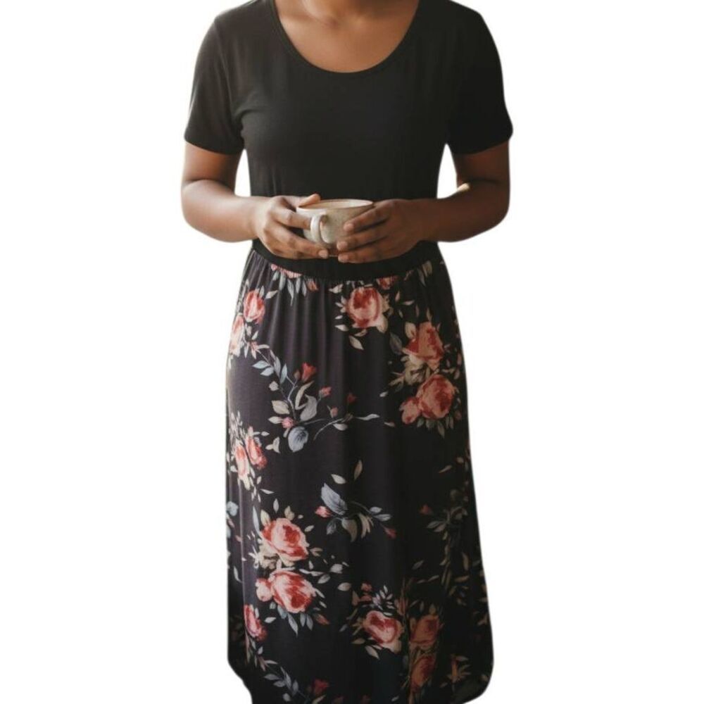 AMAZON BLACK & PINK FLORAL MAXI DRESS SZ.L GUC